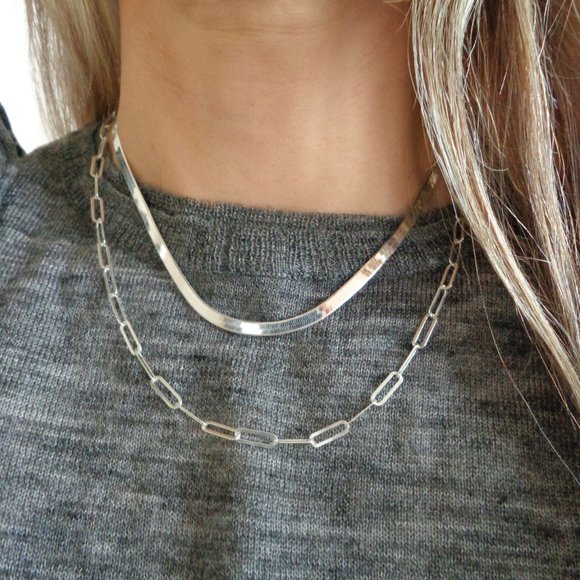 Sterling Silver Paperclip Chain Necklace Stamped 925 Silver Rectangle Link - Picture 2 of 6
